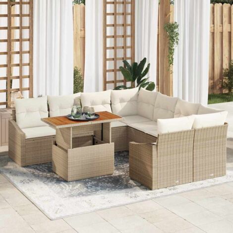 Ensemble de jardin 9 pièces en poly rotin beige avec canapé modulable et rangement (1/5)