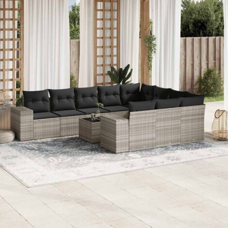Ensemble de jardin 11 pièces avec table en verre trempé et coussins en polyester, résine tressée gris clair et gris foncé (1/5)