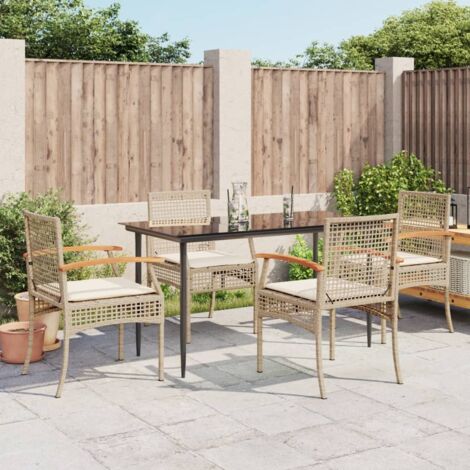 Ensemble de Jardin 5 Pièces en Poly-Rotin Beige avec Coussins et Table en Verre Trempé (1/5)