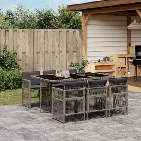 Ensemble Jardin 7 pièces Gris Rotin Résine avec 6 Chaises à Dossier Rabattable, Table en Verre Trempé et Coussins Housse Lavable (1/5)