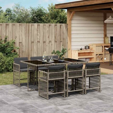 Ensemble de Jardin 7 Pièces Table + 6 Chaises Gris Polyrotin avec Coussins et Dossier Rabattable 165x106x73cm (1/5)