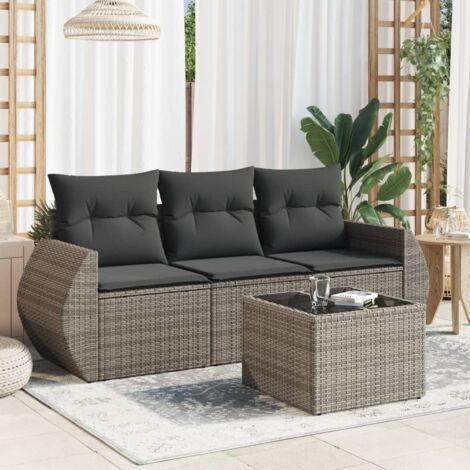 Set de salon de jardin 4 pièces en résine tressée gris, canapés et table avec coussins et dessus verre (1/3)