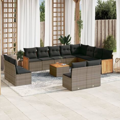 Ensemble salon de jardin 13 pièces gris résine tressée poly rotin avec table acacia et coussins amovibles (1/5)