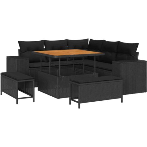 Ensemble Salon de Jardin 8 Pièces Noir Polyrotin avec Table Modulable et Coussins Détachables (1/5)