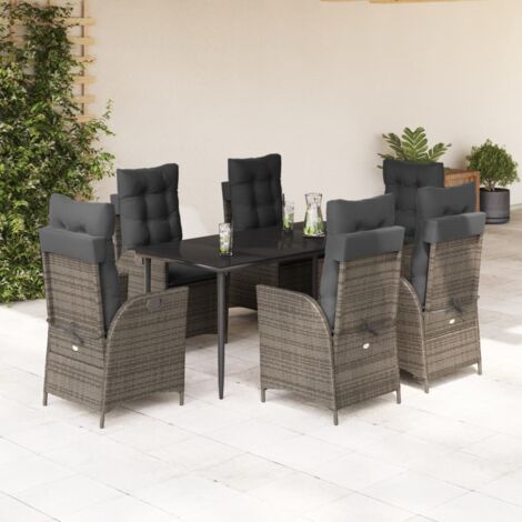 Ensemble de Table Jardin 7 Pièces Gris Noir avec 6 Chaises inclinables, Coussins et Table en Verre Trempé 160x80 cm - Mobilier Extérieur Durable Polyrotin (1/5)