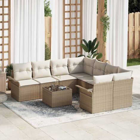 Ensemble de Jardin 9 Pièces en Polyrotin Beige avec 2 Canapés d'Angle, 4 Sièges et Table en Verre Trempé - Mobilier d'Extérieur Modulaire (1/5)