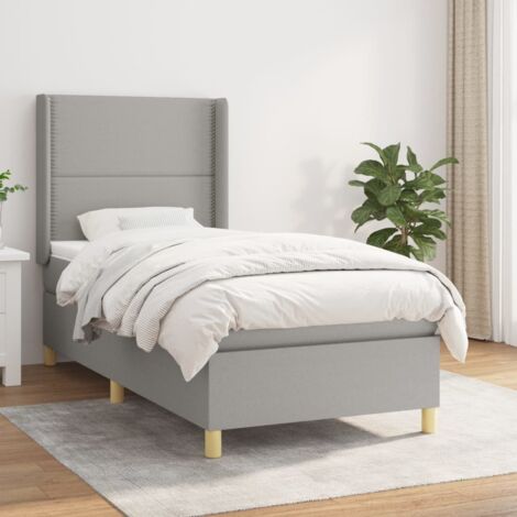 Sommier Tapissier 90x200 cm avec Matelas à Ressorts Ensachés et Tête de Lit Réglable en Tissu Gris Clair – Cadre, Matelas et Surmatelas Inclus (1/5)