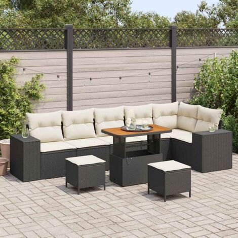 Ensemble Modulaire Salon de Jardin Noir 9 Pièces en Polyrotin avec Table Bois Acacia et Coussins (1/5)
