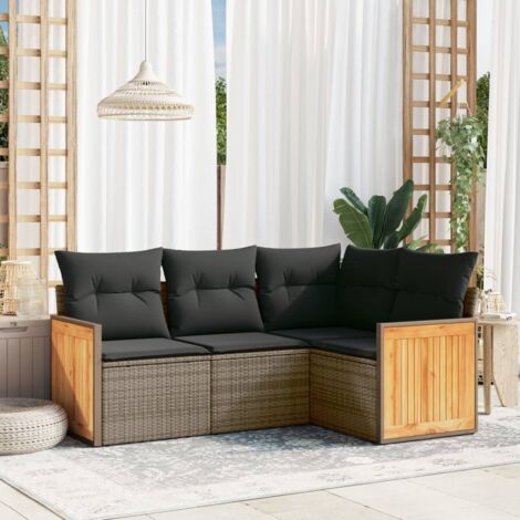 Canapé d'extérieur 4 pièces, résine tressée gris, coussins amovibles, modulaire (1/5)
