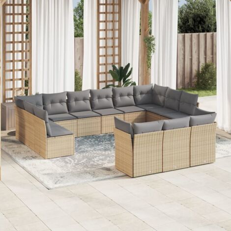 Ensemble de salon de jardin modulaire 13 pièces en résine tressée beige avec coussins gris, rangement intégré et housses lavables (1/3)