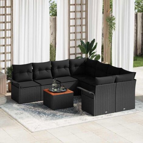 Ensemble Canapé Jardin 9 Pièces Noir Polyrotin Modulable avec Coussins et Table - Set Salon Extérieur Durable Résistant aux Intempéries (1/5)