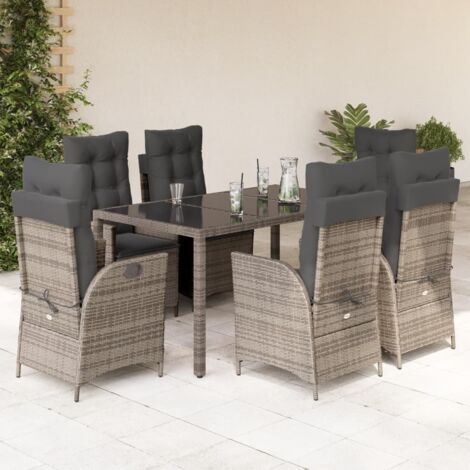 Ensemble de Jardin 7 Pièces Gris avec Coussins Lavables Table en Verre Trèmpé et Chaises Réglables en Polyrotin (1/5)