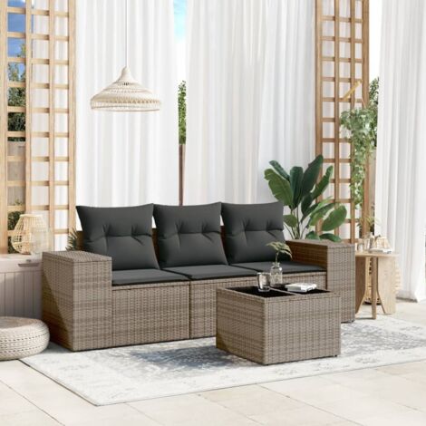 Ensemble Salon de Jardin Gris 4 Places en Résine Tressée avec Coussins et Table en Verre Trempé (1/3)