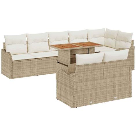 Ensemble de jardin modulaire 9 pièces en poly rotin beige avec rangements et table, canapés d'angle et sièges centraux (1/5)
