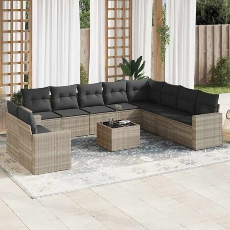 Ensemble de salon de jardin modulaire 11 pièces en résine tressée, gris clair, avec coussins gris foncé lavables et table en verre trempé, design et durable (1/3)