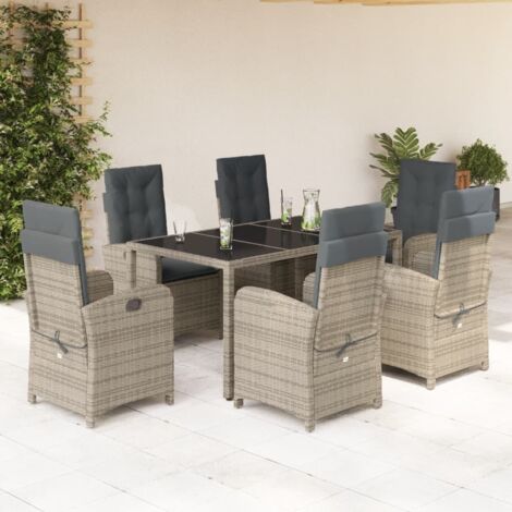 Ensemble de salle à manger de jardin avec 6 chaises inclinables, table et coussins gris en rotin synthétique (1/5)