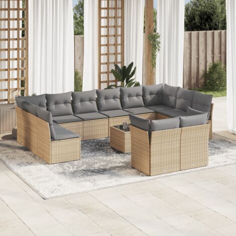 Salon de Jardin en Résine Tressée Beige 13 Pièces avec Coussins et Table en Verre Trempé (1/3)