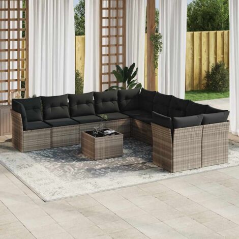 [Salon de Jardin Modulaire] Groupe Canapés en Résine Tressée Gris Clair 11 Pièces avec Table en Verre et Coussins Lavables (1/3)