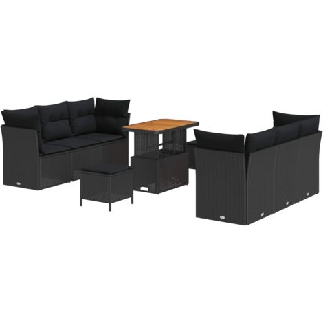 Set de Canapé Jardin Modulaire 9 Pièces Noir Polyrotin avec Coussins et Table Réglable (1/5)