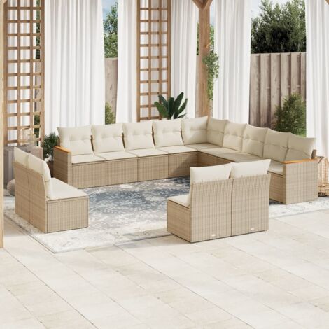 Ensemble Modulaire Salon Jardin 13 Places Beige Résine Tressée Acacia, Coussins Blanc Crème et Rangement (1/3)