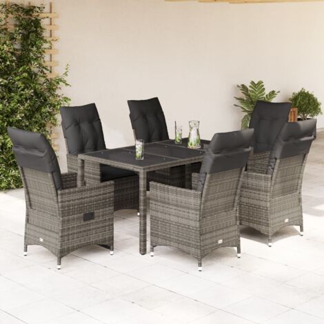 Ensemble de Jardin 7 Places avec Table Verre et Coussins - Fauteuils Relax Gris Rotin PE 150x90 cm (1/5)