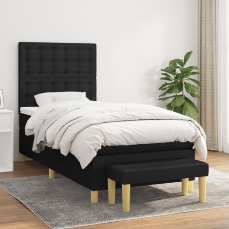 Lit 90x200 cm avec Matelas à Ressorts Ensachés et Banc de Rangement - Noir, Tête de Lit Réglable, Inclut Surmatelas, Ensemble de Literie Polyester (1/5)