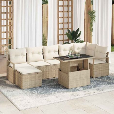 Ensemble Modulaire de Salon Jardin 8 Pièces en Polyrotin Beige, Linge-à-main, Pieds Réglables, 6 Places avec Table en Verre Trempé (1/5)