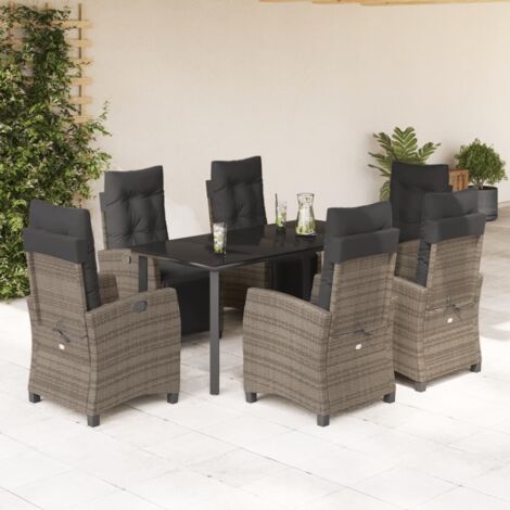 Ensemble de Jardin 7 Pièces Gris avec Table en Verre Trempé 160cm et Chaises Polyrotin Réglables avec Coussins (1/5)