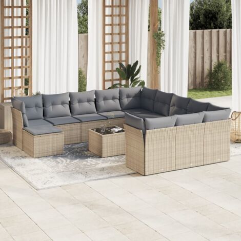 Salon de jardin en résine tressée beige - 13 pièces avec coussins lavables (1/3)