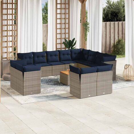 Ensemble Canapé Jardin 13 Pièces Gris Résine Tressée avec Coussins Bleu Marine (1/5)