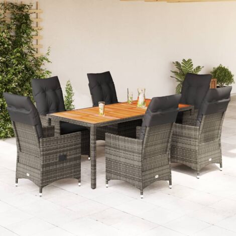 Ensemble de Jardin 7 Pièces avec Table en Acacia et Coussins Détachables en Polyrotin Gris 190x90cm (1/5)
