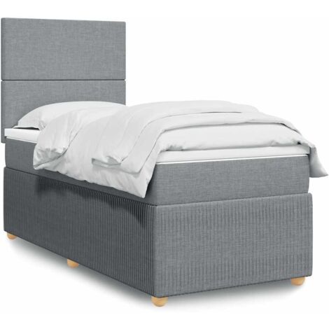 Lit à Sommier 90x200 cm avec Matelas à Ressorts Ensachés et Surmatelas – Tissu Gris Clair, Tête de Lit Réglable (1/5)