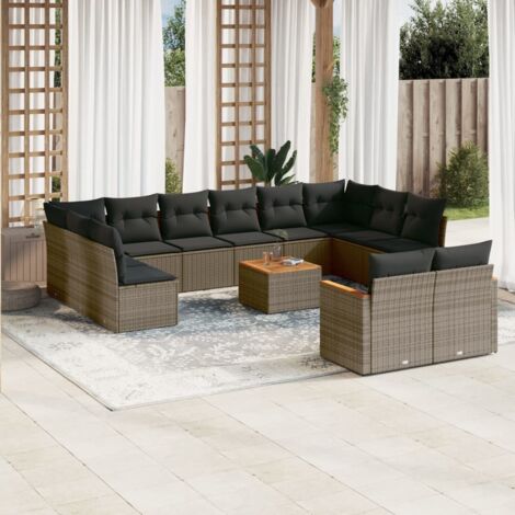 [Canapé d'extérieur modulaire 13 places] Ensemble salon de jardin en résine tressée gris avec coussins, table en acacia et rangements, 12 coussins de siège et 14 coussins de dossier. (1/5)