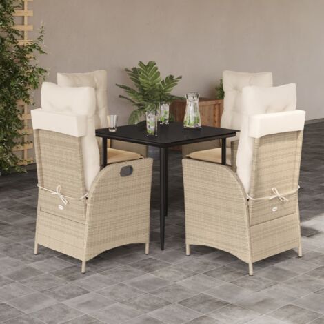 Ensemble 5 pièces salle à manger extérieur en résine tressée beige avec 4 fauteuils inclinables à dossier réglable et table en verre noir (1/5)