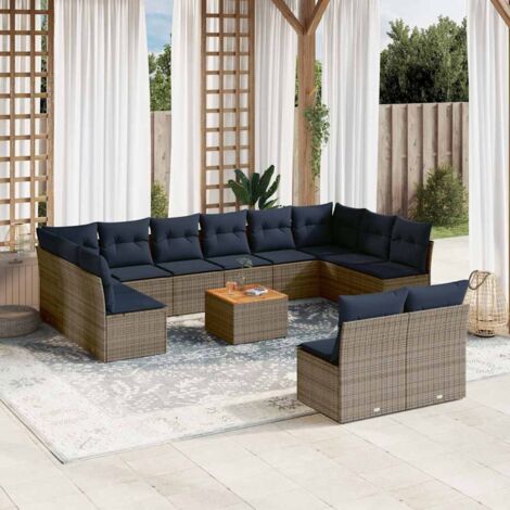 Ensemble salon de jardin 13 pièces gris résine tressée avec 12 sièges modulaires rangement, table acacia, coussins bleu marine (1/5)