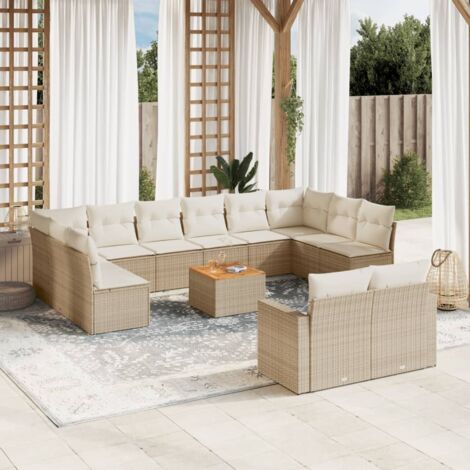 Salon de Jardin en Résine Tressée Beige 13 Pièces avec Coussins et Table Acacia, Modulaire, pour Terrasse (1/3)