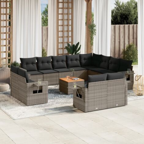 Ensemble de Jardin Modulaire 13 Pièces en Résine Tressée Gris - Chaises avec Fonction Rangement, Table Acacia et 25 Coussins Confortables (1/3)