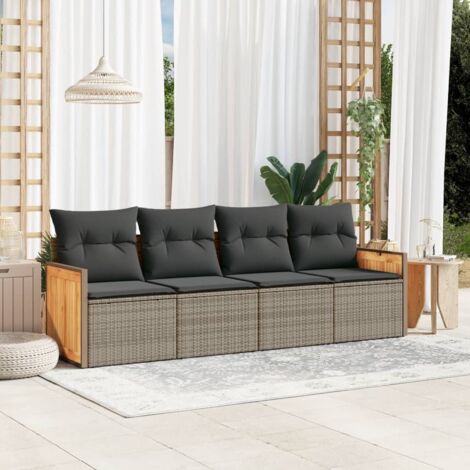 Ensemble de Jardin 4 Pièces en Résine Tressée Gris avec Coussins – Salon Extérieur Modulaire avec Rangement (1/3)