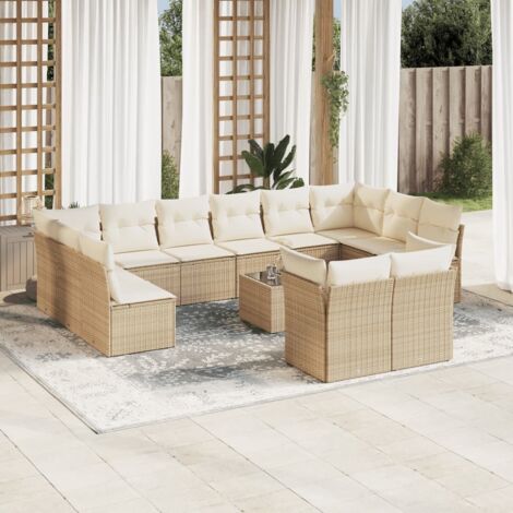Ensemble de salon jardin 13 pièces résine tressée beige, 8 sièges + 4 coins + table verre + 16 coussins, mobilier extérieur modulaire (1/3)