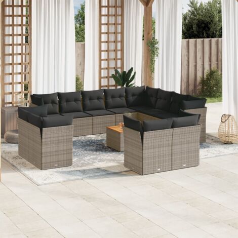 Ensemble modulable de salon de jardin 13 pièces gris résine tressée avec rangement et coussins lavables (1/5)