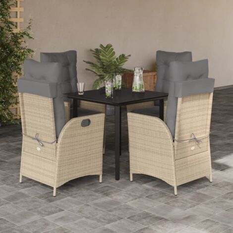 Ensemble de salle à manger en résine tressée beige avec table en verre noir et 4 fauteuils inclinables + coussins gris lavables (1/5)