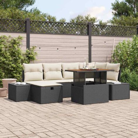 Ensemble de jardin modulaire 7 pièces en poly rotin noir avec coussins et rangements intégrés (1/5)