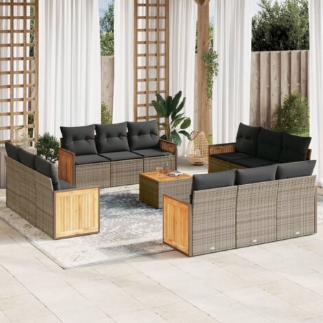 Salon de Jardin en Résine Tressée Gris avec Coussins 13 Pièces, Modulaire avec Table et Sièges de Rangement (1/3)