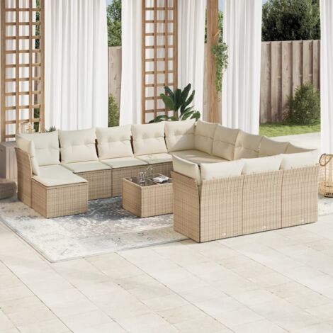 Salon de Jardin 13 Pièces Résine Tressée Beige avec Coussins Crème Modulable – Verre Trempé & Housses Lavables (1/3)