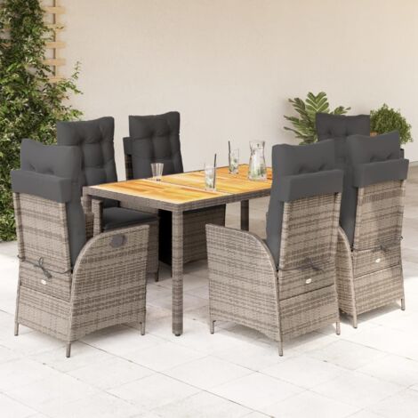 Ensemble de Jardin 7 Pièces en Rotin Synthétique Gris avec Table en Acacia et Coussins Lavables 150 x 90 cm Inclinable (1/5)