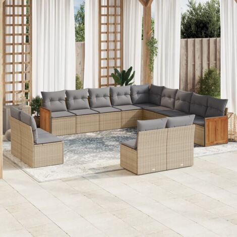 Set de salon de jardin modulaire 13 places en résine tressée beige - Ensemble canapés d'angle avec coussins gris lavables (1/5)