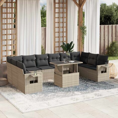 Canapé de Jardin Modulaire 11 Pièces Résine Tressée Gris Clair avec Coussins Anthracite et Table Réglable (1/5)