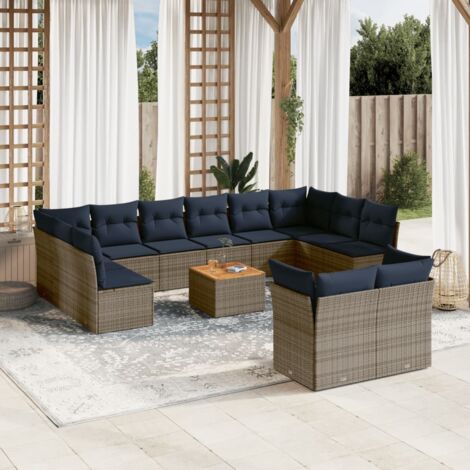 Salon de Jardin en Résine Tressée Gris - 13 Pièces avec 4 Coins, 8 Centraux, 1 Table Acacia et 28 Coussins Déhoussables (1/5)