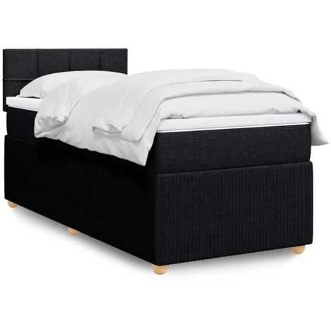Lit-sommier avec matelas, surmatelas et tête de lit Noir 90x200 cm - Cadre tissu polyester, ressorts ensachés, fermeté moyenne, livré complet avec assemblage (1/5)