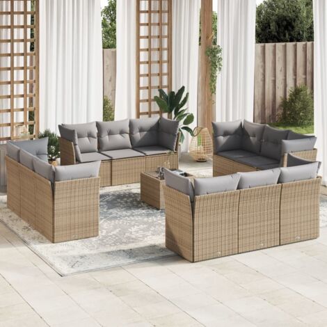 Ensemble de jardin 13 pièces en résine tressée beige avec table verre et coussins gris, 12 places modulable (1/3)